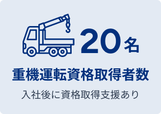 重機運転資格取得者数 20名 入社後に資格取得支援あり